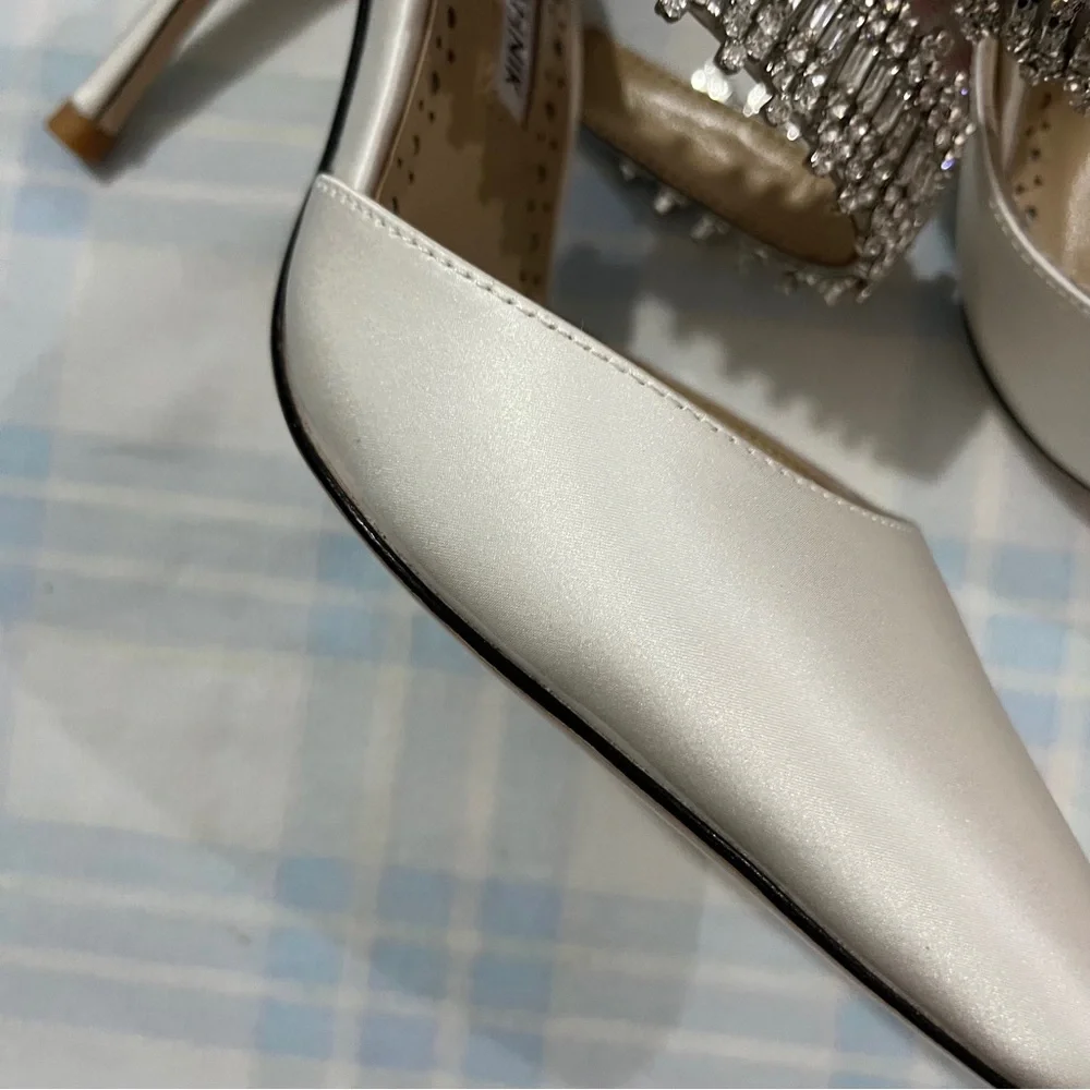 Manolo Blahnik White Satin Pointed Mules with Crystal Strap